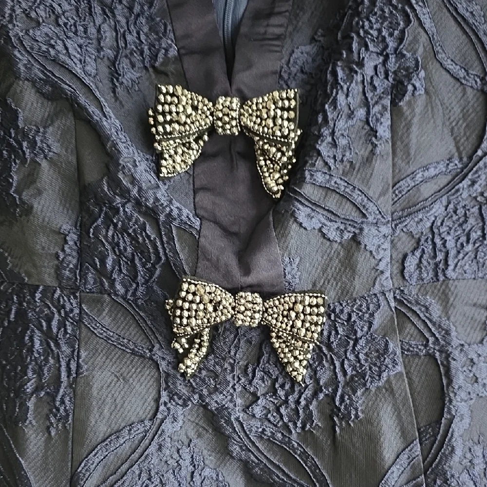 Navy Jacquard Mini Dress with Bow Accents - Picture 5 of 15